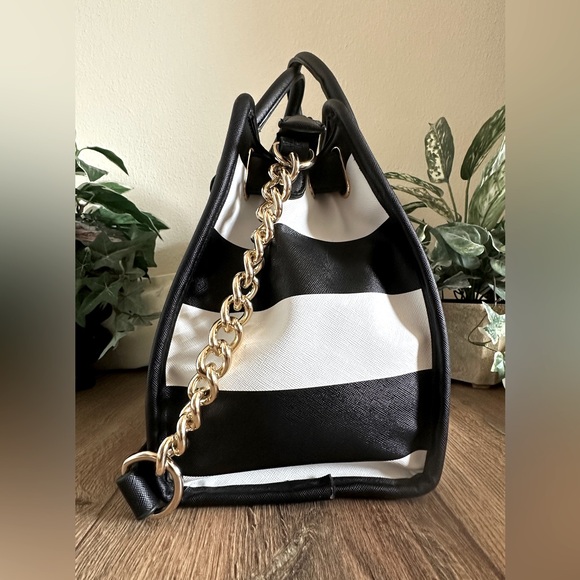 Dasein VL Black & White Striped Top Handle Tote Shoulder Bag - Picture 6 of 15